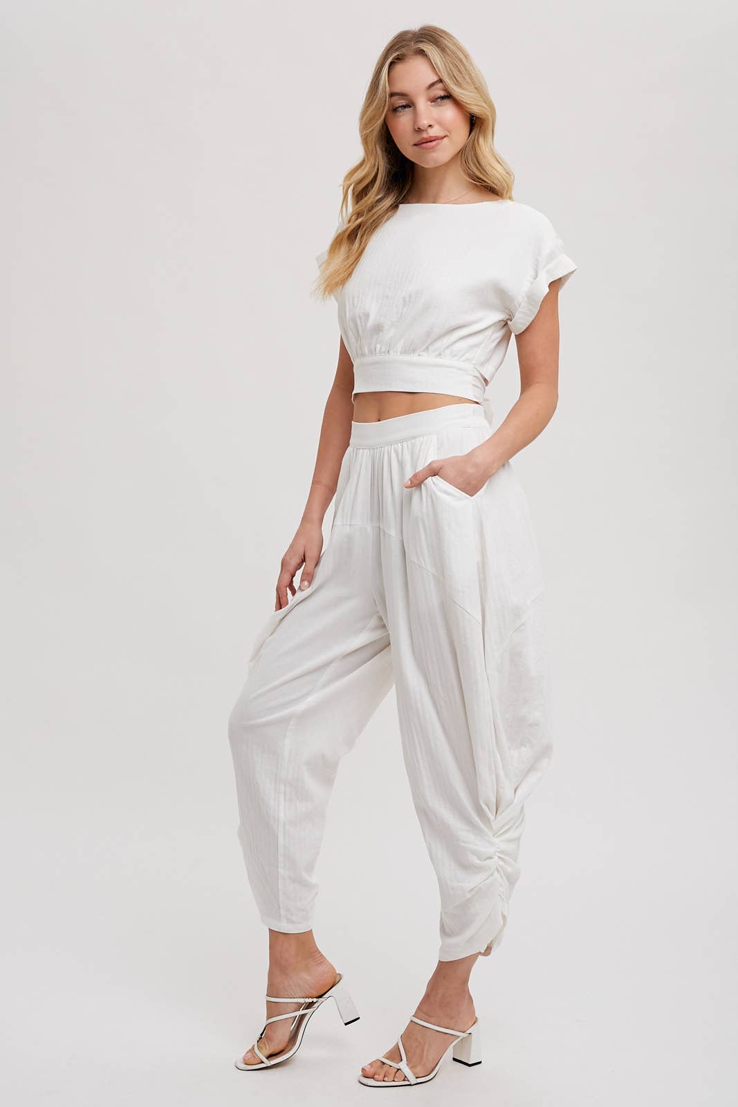CROPPED RIBBON TIE-BACK TOP AND HIGH-WAIST HAREM PANTS
