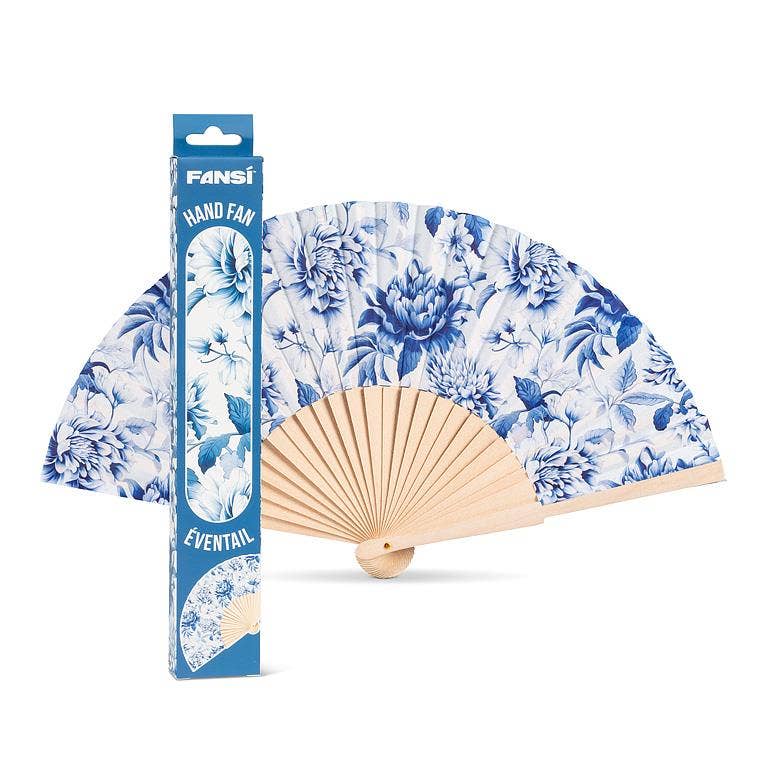 Chintz Print Hand Fan-Blue & White-16"W