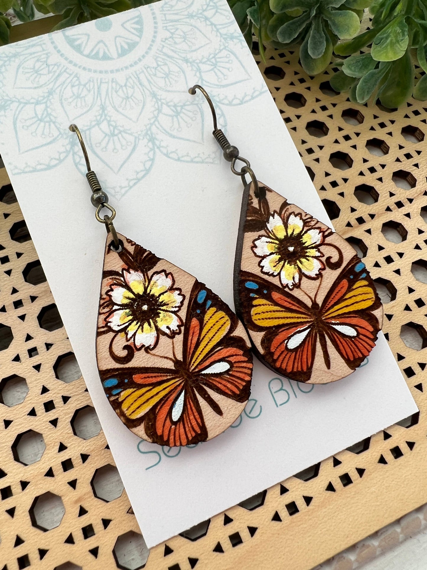 Butterfly hand painted lightweight maple wood earrings