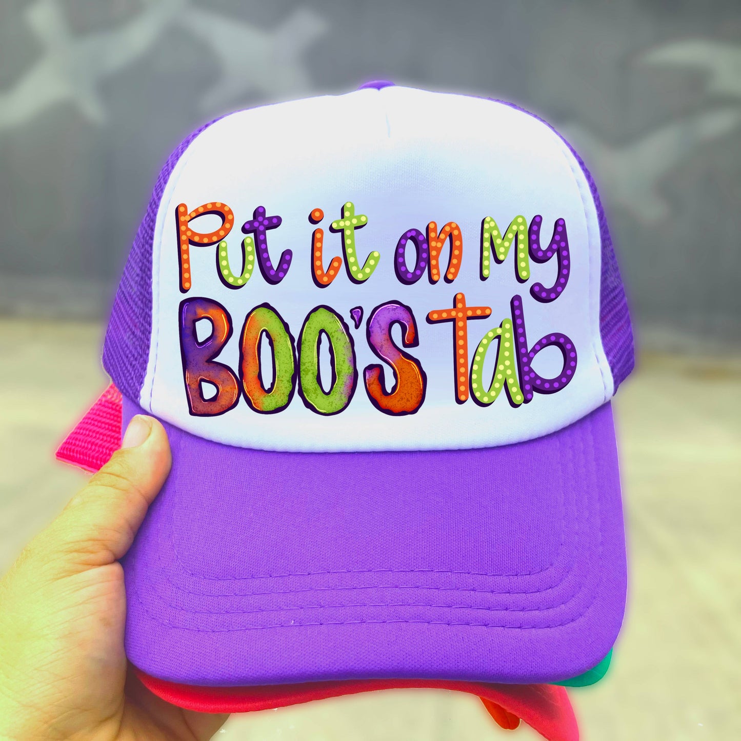 Halloween put it on my boo’s tab trucker hat