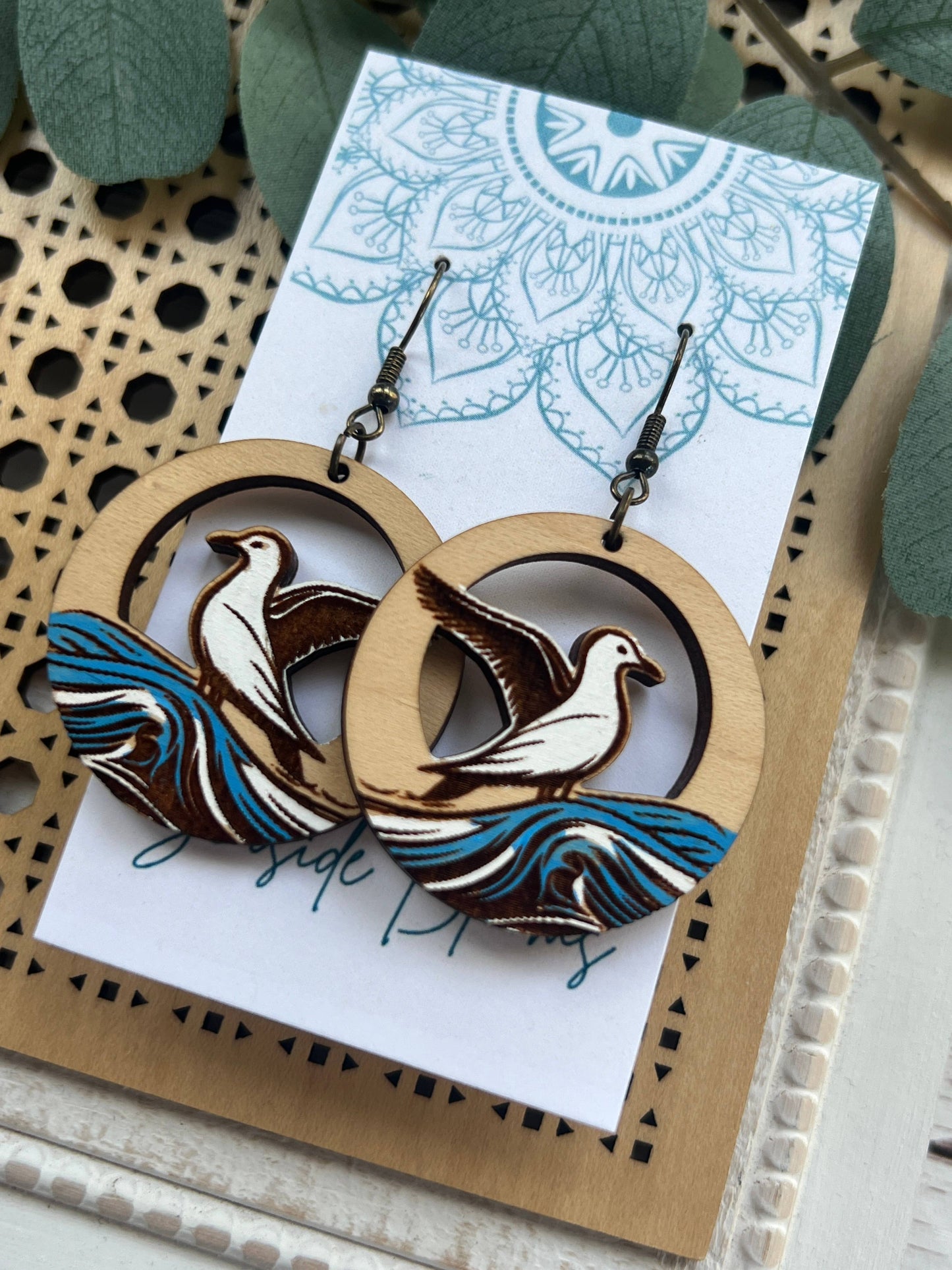 Boho seagull hand painted lightweight maple wood earrings