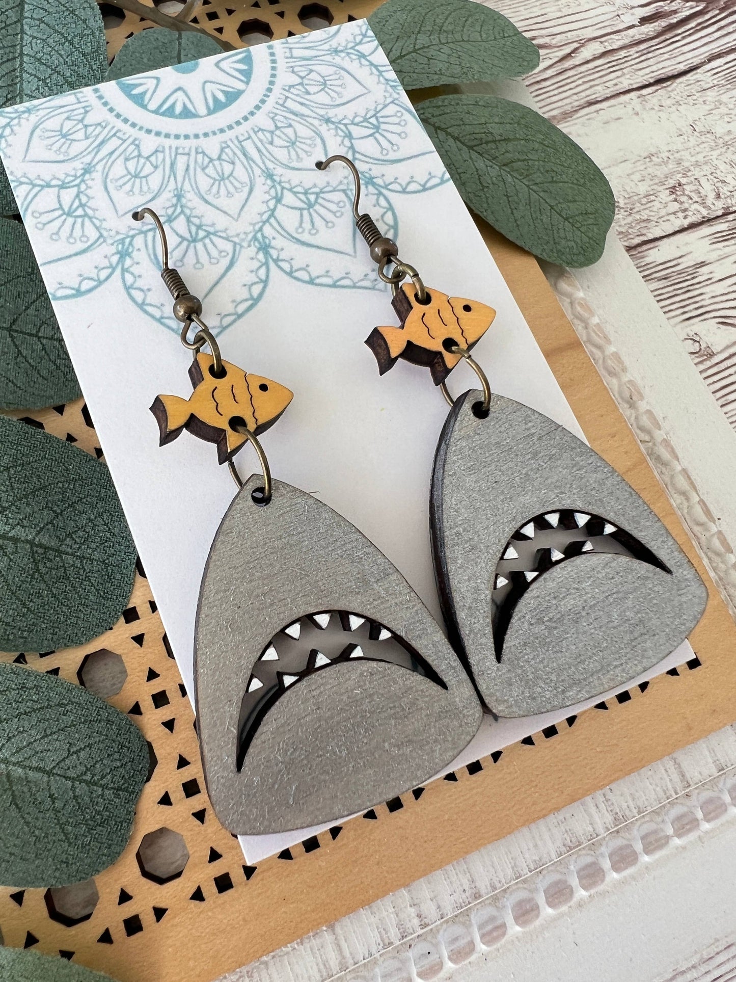 Shark Hand painted lightweight maple wood hoop earrings