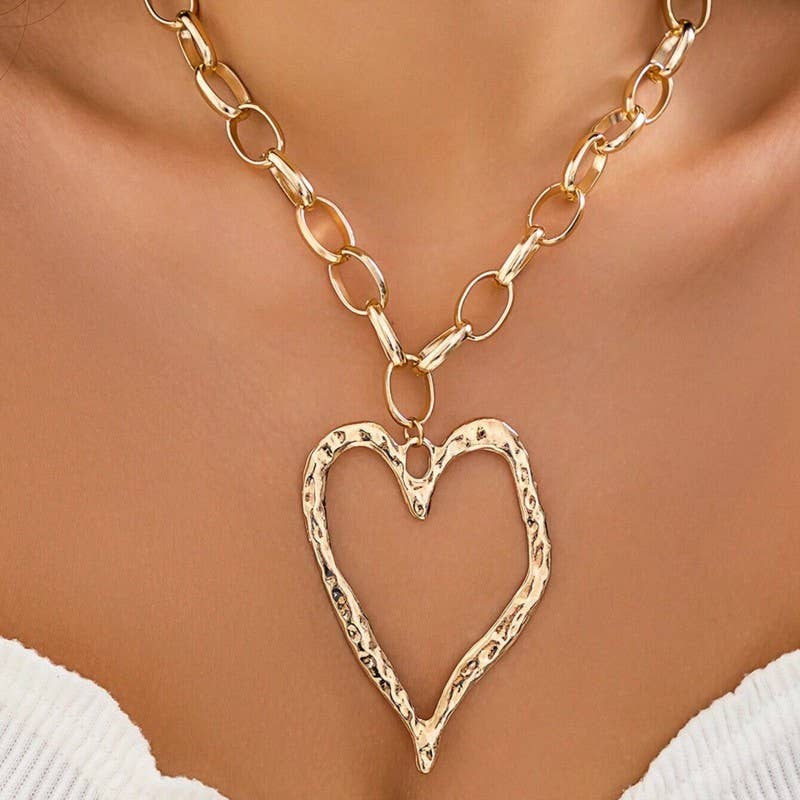 Statement Hammered Open Heart Necklace