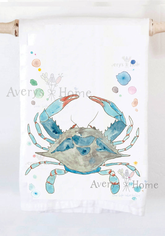 Blue Crab Ocean Customizable Coastal Tea Towel