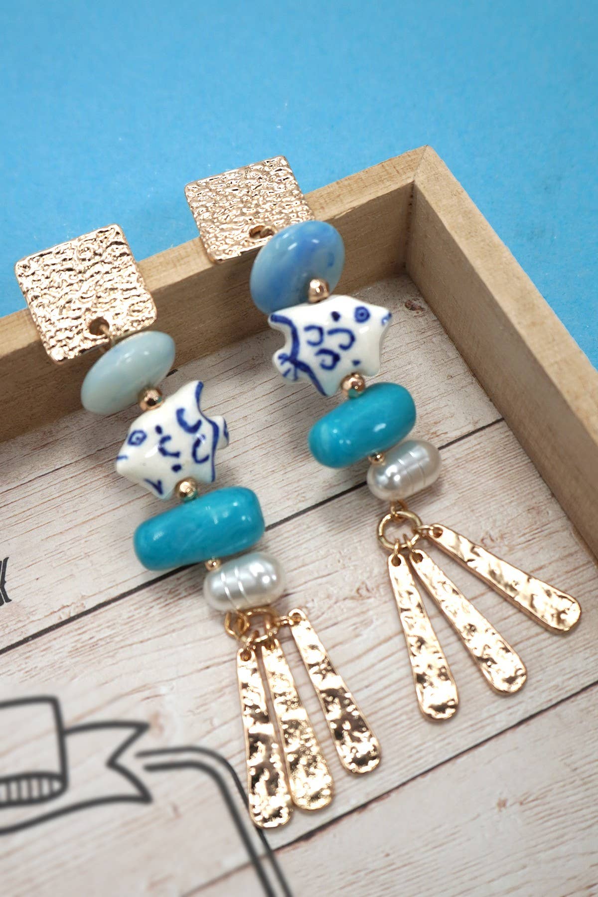 BLUE CERAMIC PORCELAIN FISH DROP EARRINGS