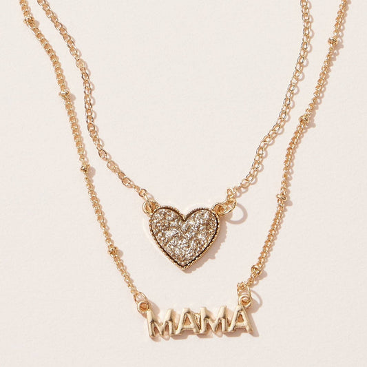 Mama Pendant & Druzy Stone Heart Set Necklace