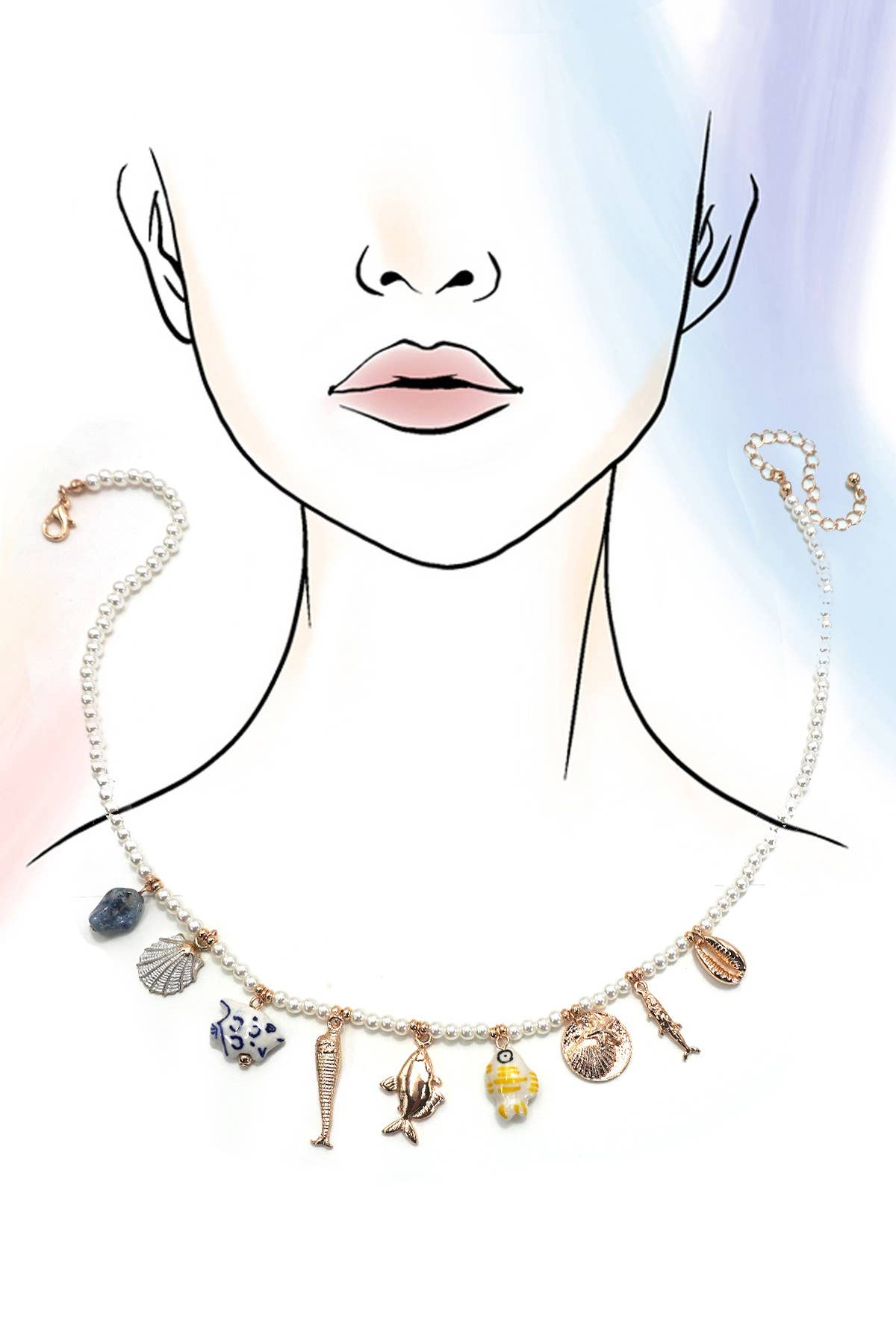CHARM NECKLACE-PORCELAIN SHELLS FISH NATURAL STONE