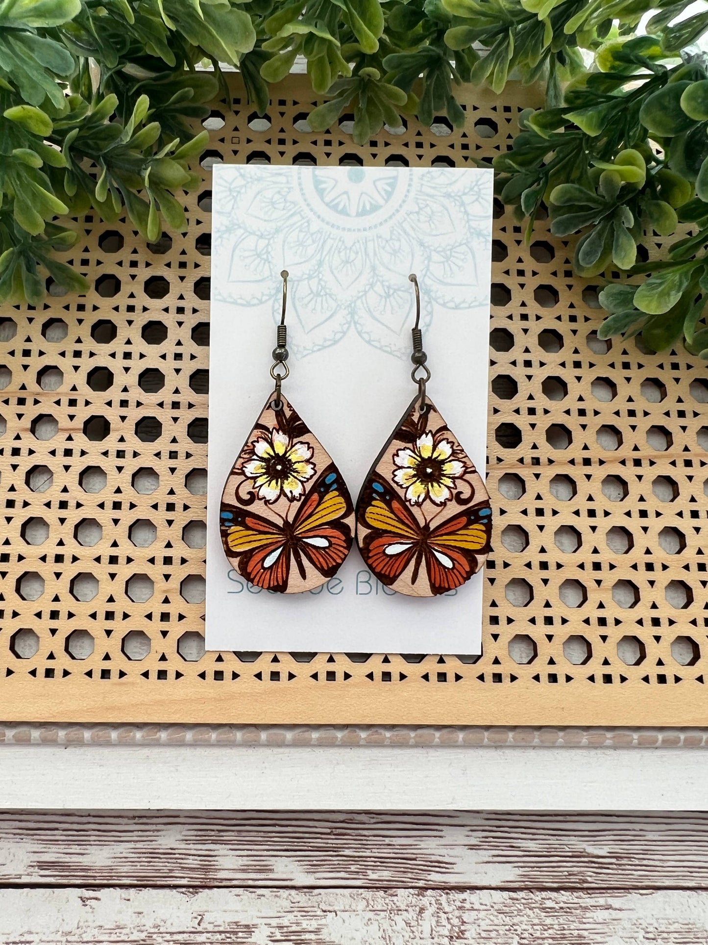 Butterfly hand painted lightweight  maple wood earrings  