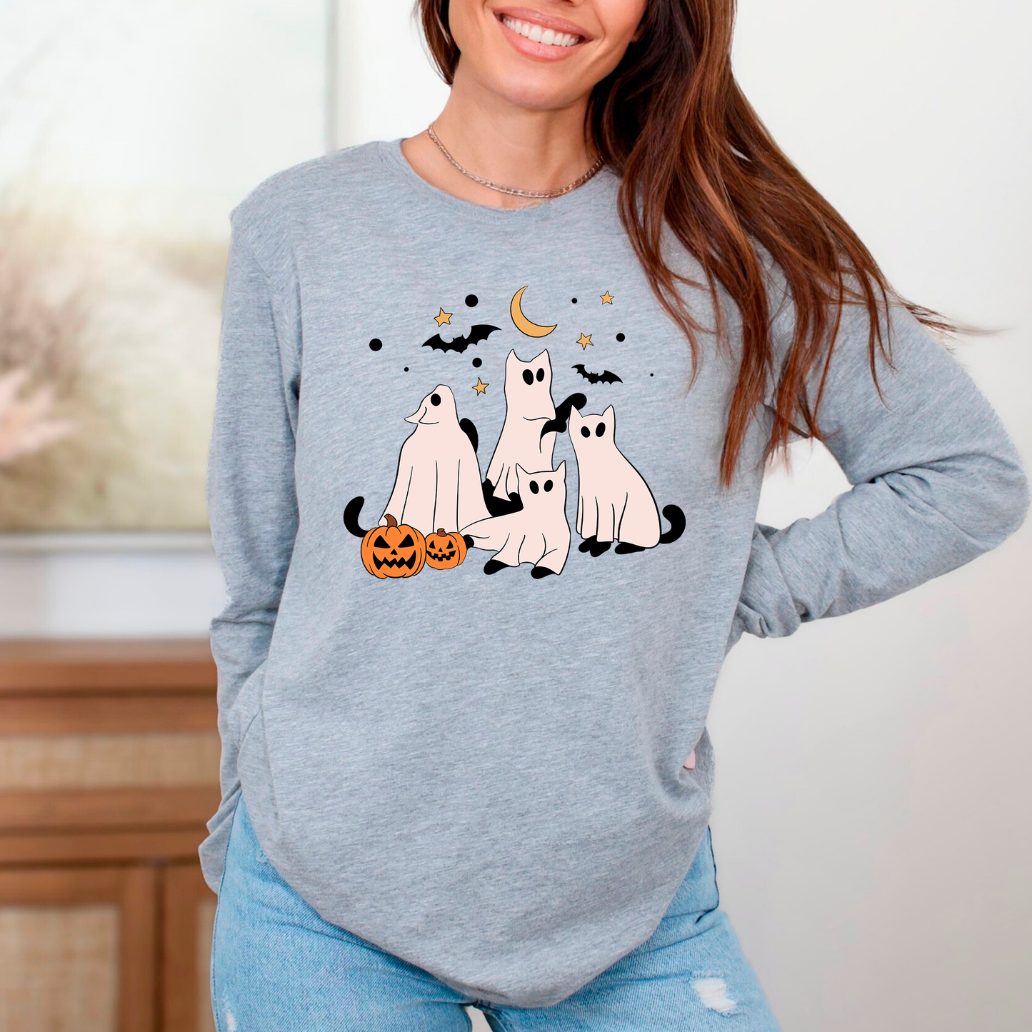 Halloween Black Cats Ghosts Long Sleeve Shirt
