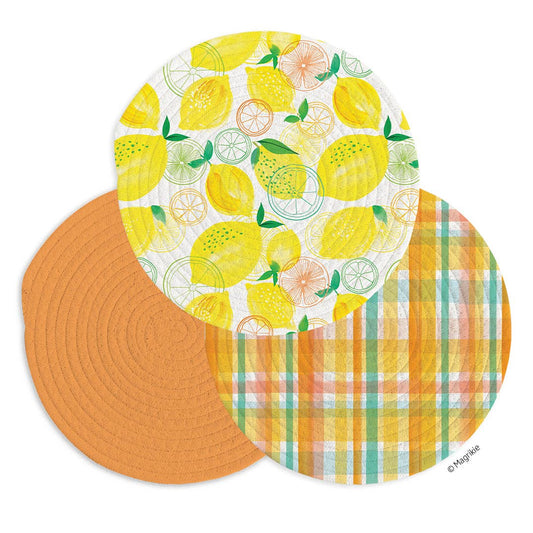 Lemon Plaid Cotton Kitchen Trivets, Set of 3
