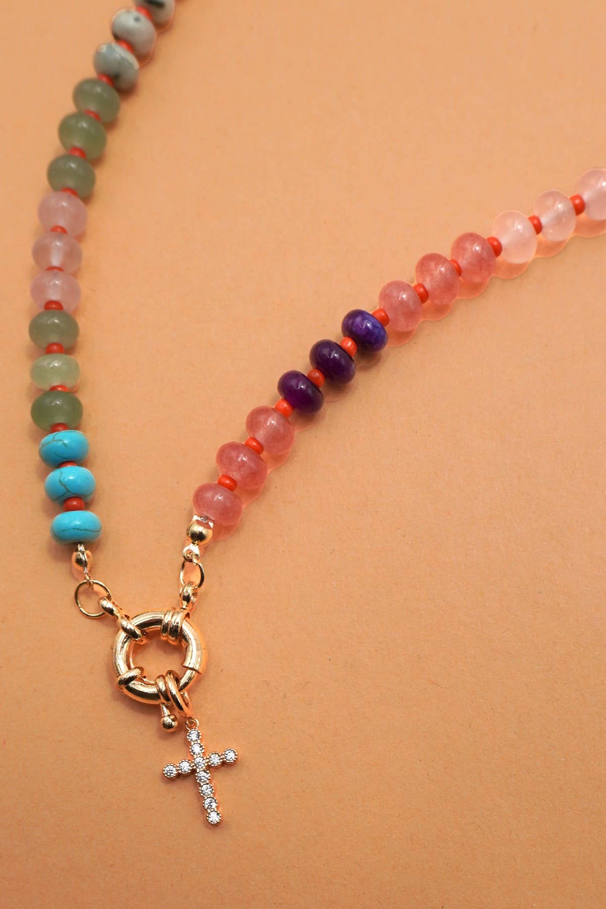 NATURAL STONE SPRING CLASP BEADED NECKLACE