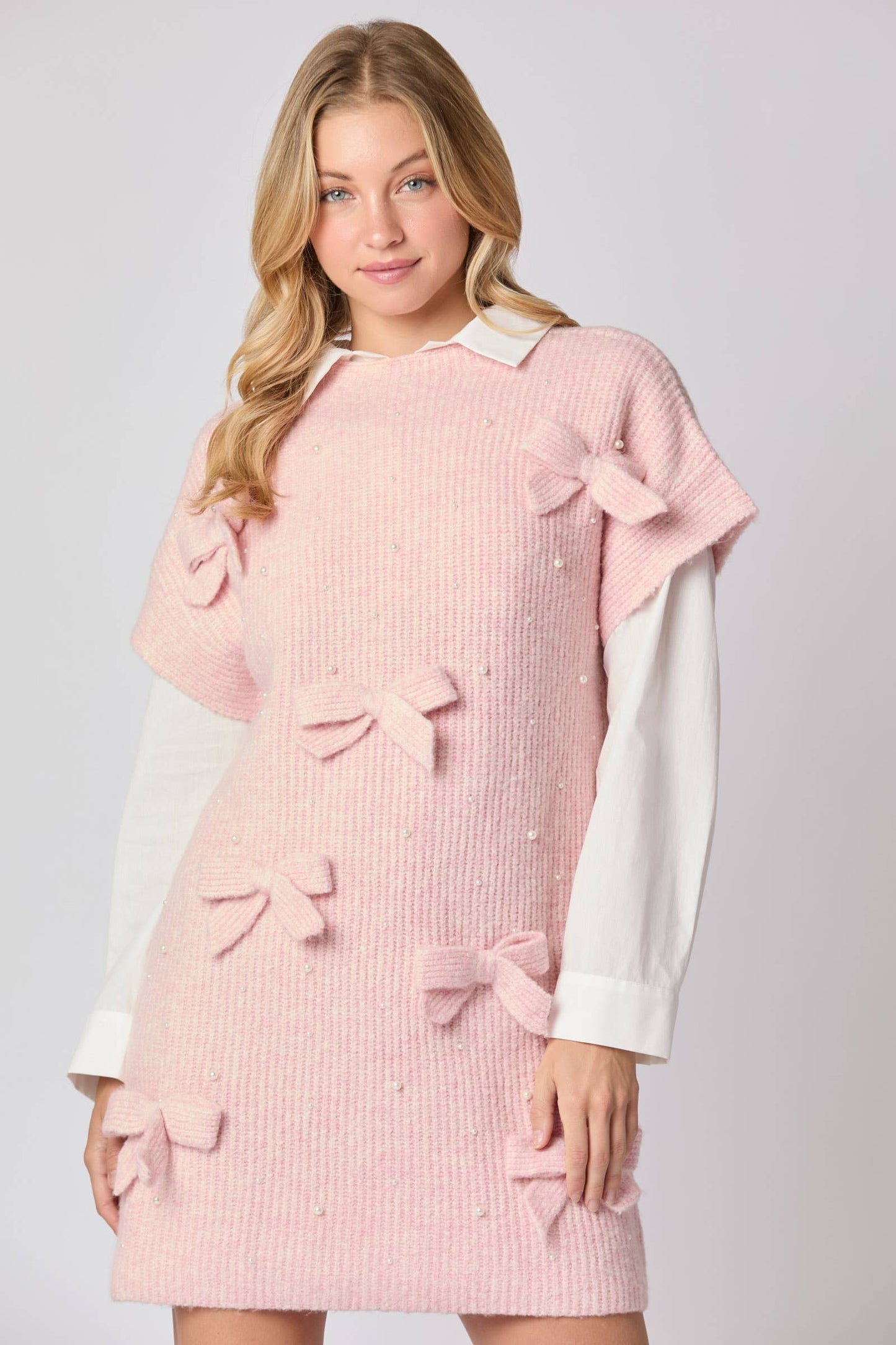 Bow & Pearl Embellished Detail Sweater Dress the Style co. Bow & Pearl Embellished Detail Sweater Dress the Style co.