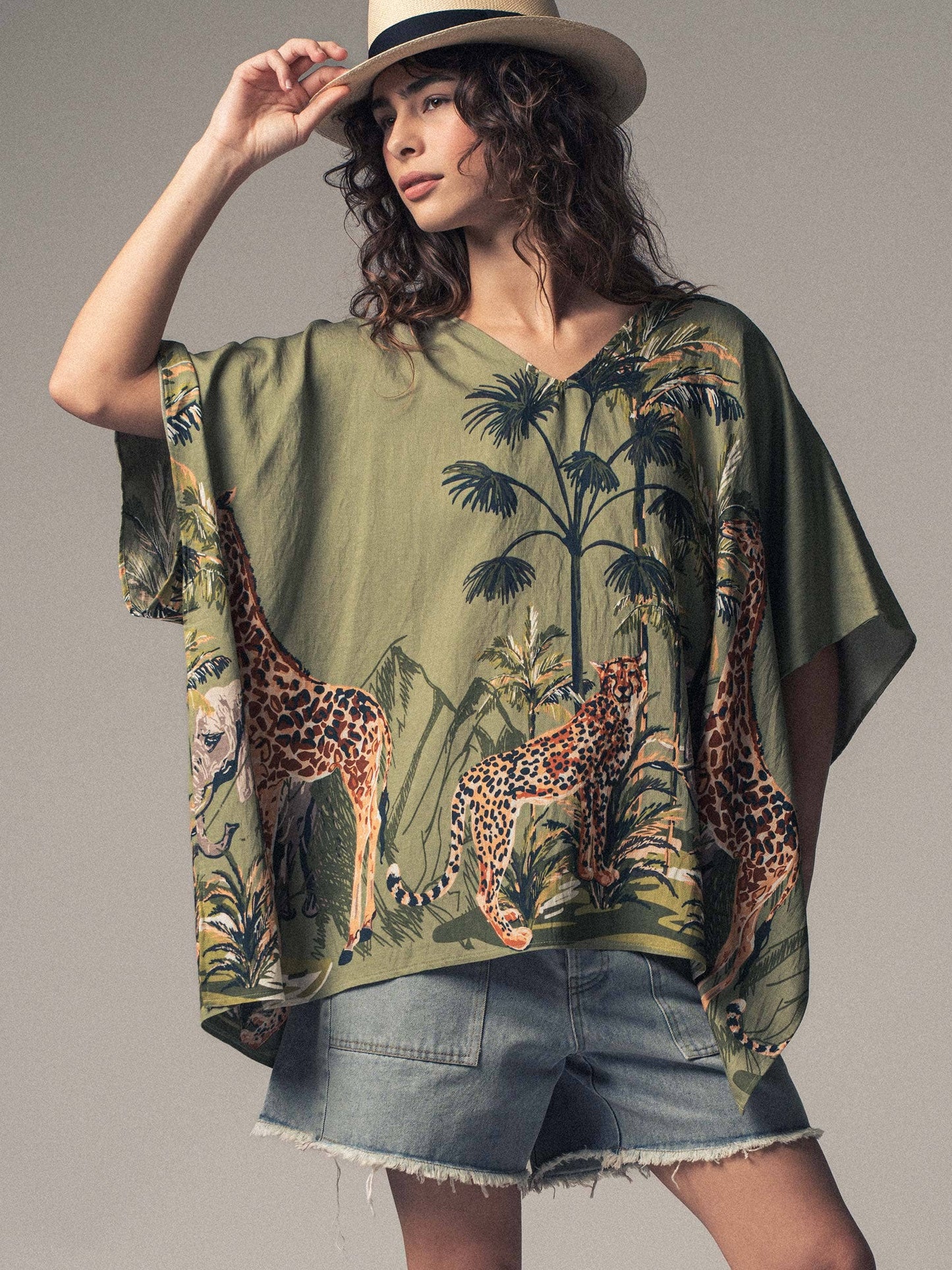 Safari Print V-Neck Poncho