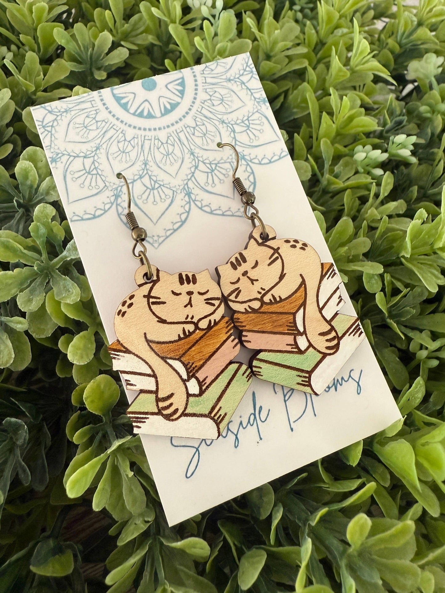 Cat Boho Hand painted lightweight maple earrings  