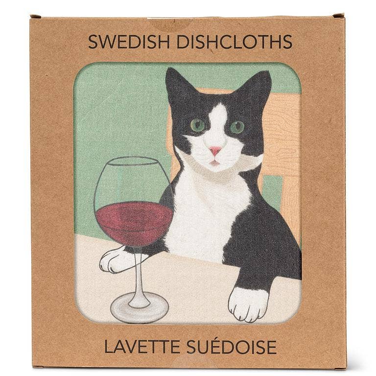 Cat with Wine Dishcloth