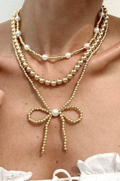 MULTILAYER BALL CHAIN BEAD PEARL BOW NECKLACE