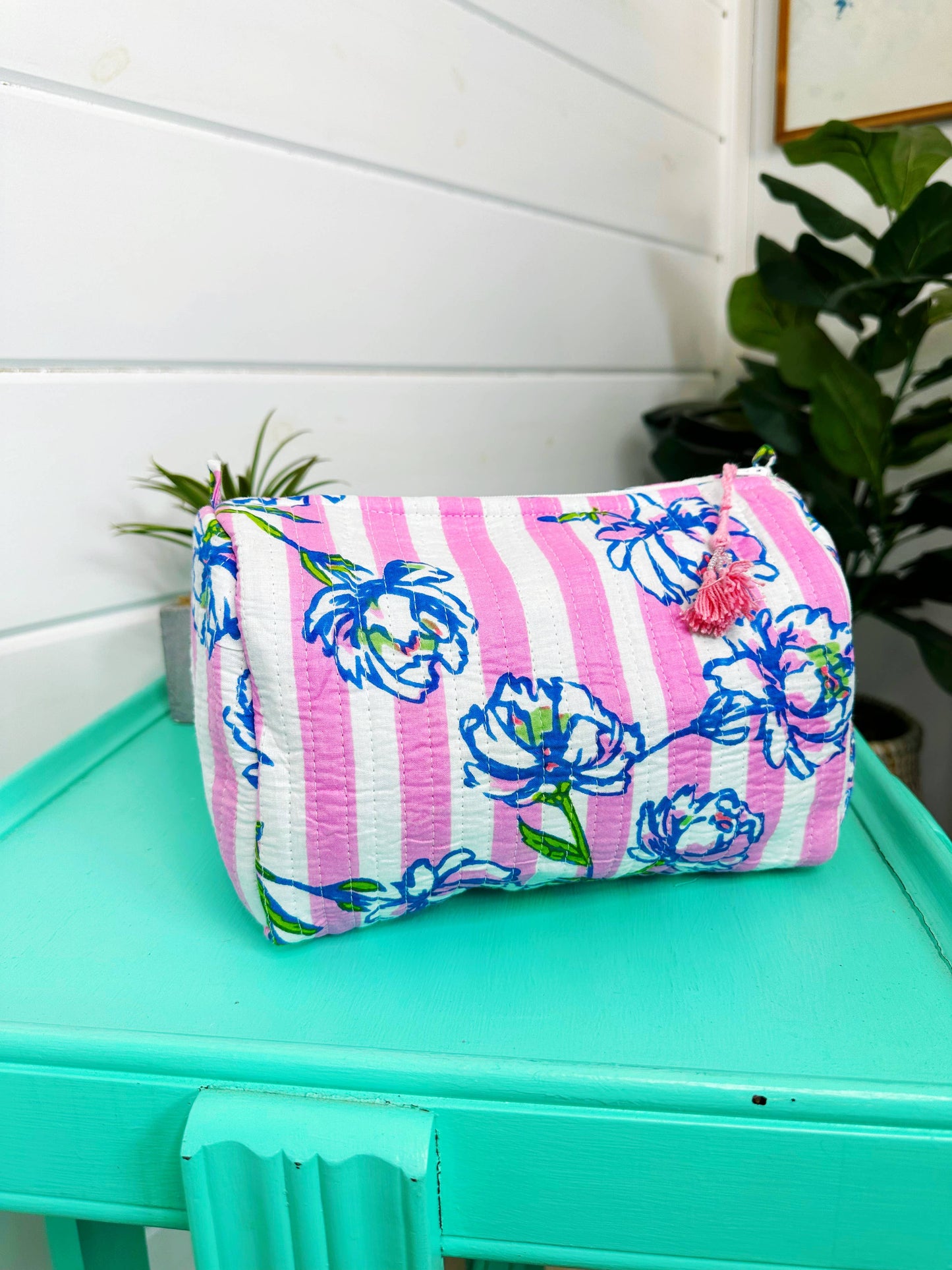 Peony Pink Stripe Quilted Cosmetic Bag