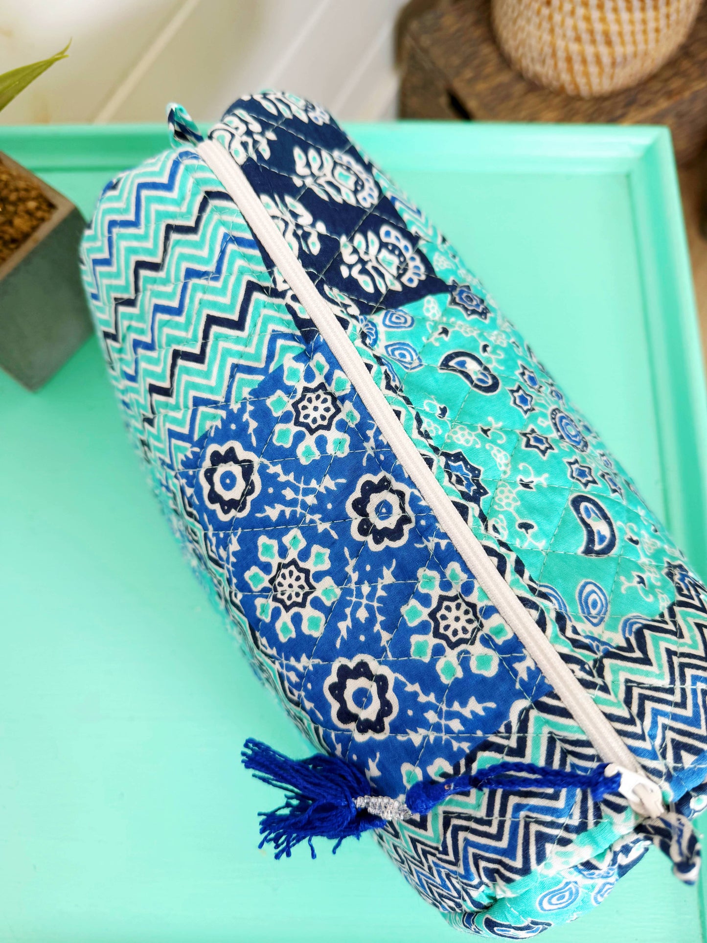 Blue Patchwork Makeup Bag