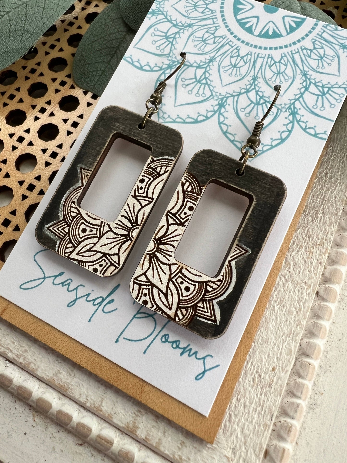 Hand painted Boho Rectangle Earrings