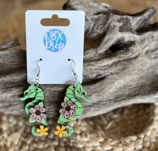 Seahorse & Blooms Hand-Painted Wood Earrings