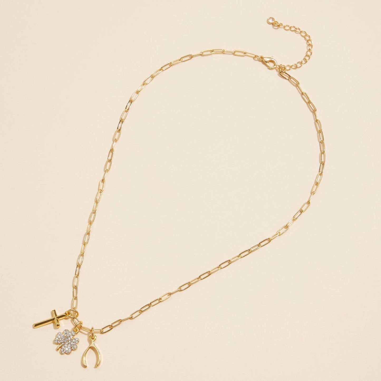 Gold Dipped Charm Necklace with Cross, Clover, and Wishbone