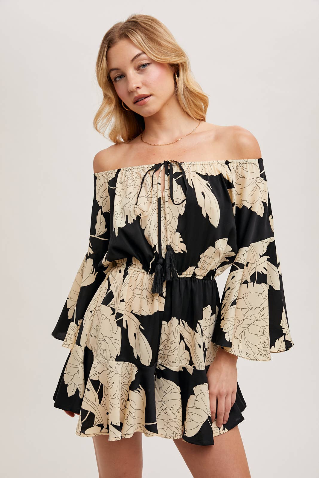 FLORAL PRINT OFF THE SHOULDER BELL SLEEVED ROMPER