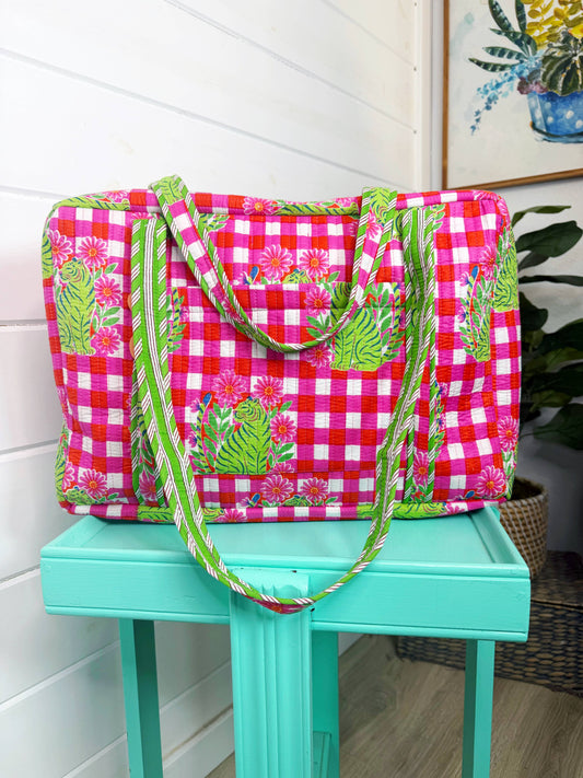 Pink Checkered Tiger Weekender Bag