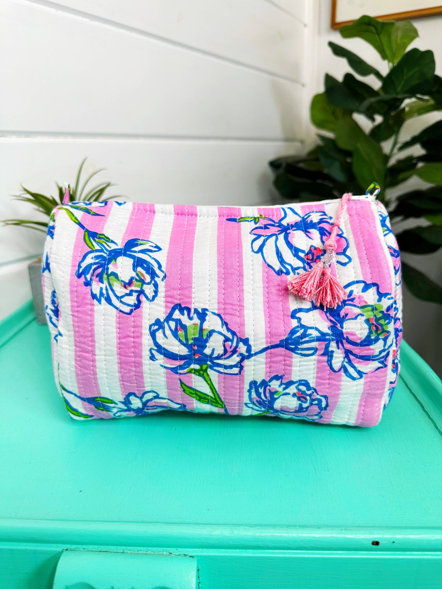 Peony Pink Stripe Quilted Cosmetic Bag