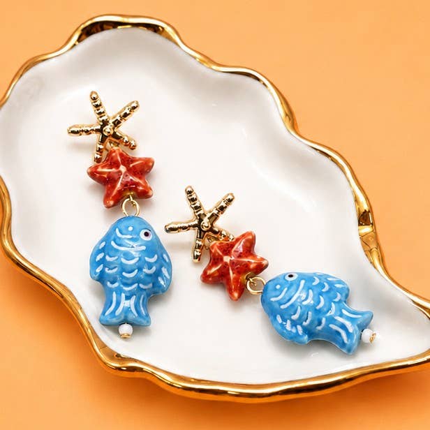 Under the Sea Ceramic Fish & Starfish Drop Earrings