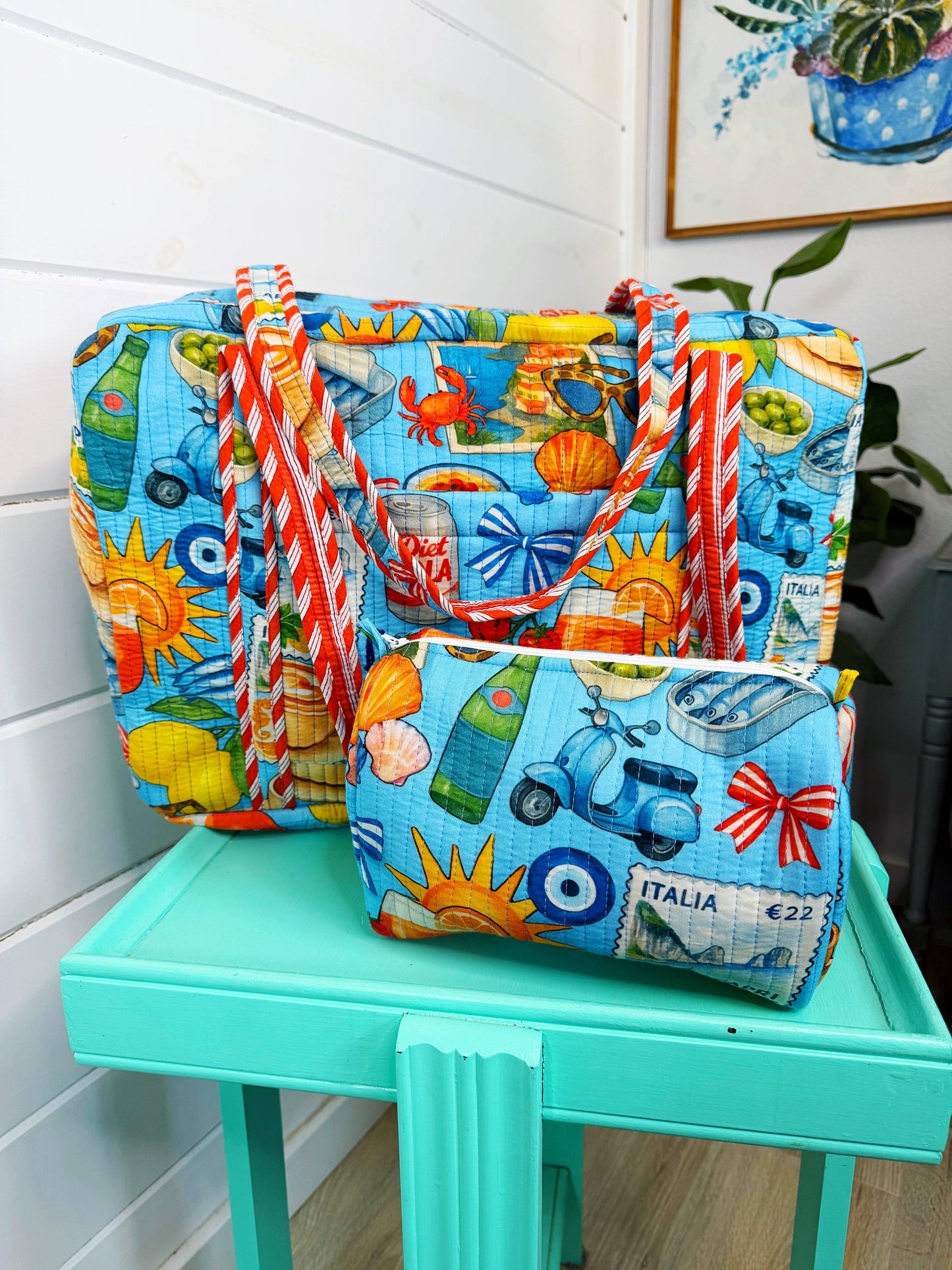 Blue Italian Getaway Handmade Quilted Weekender Duffle Bag