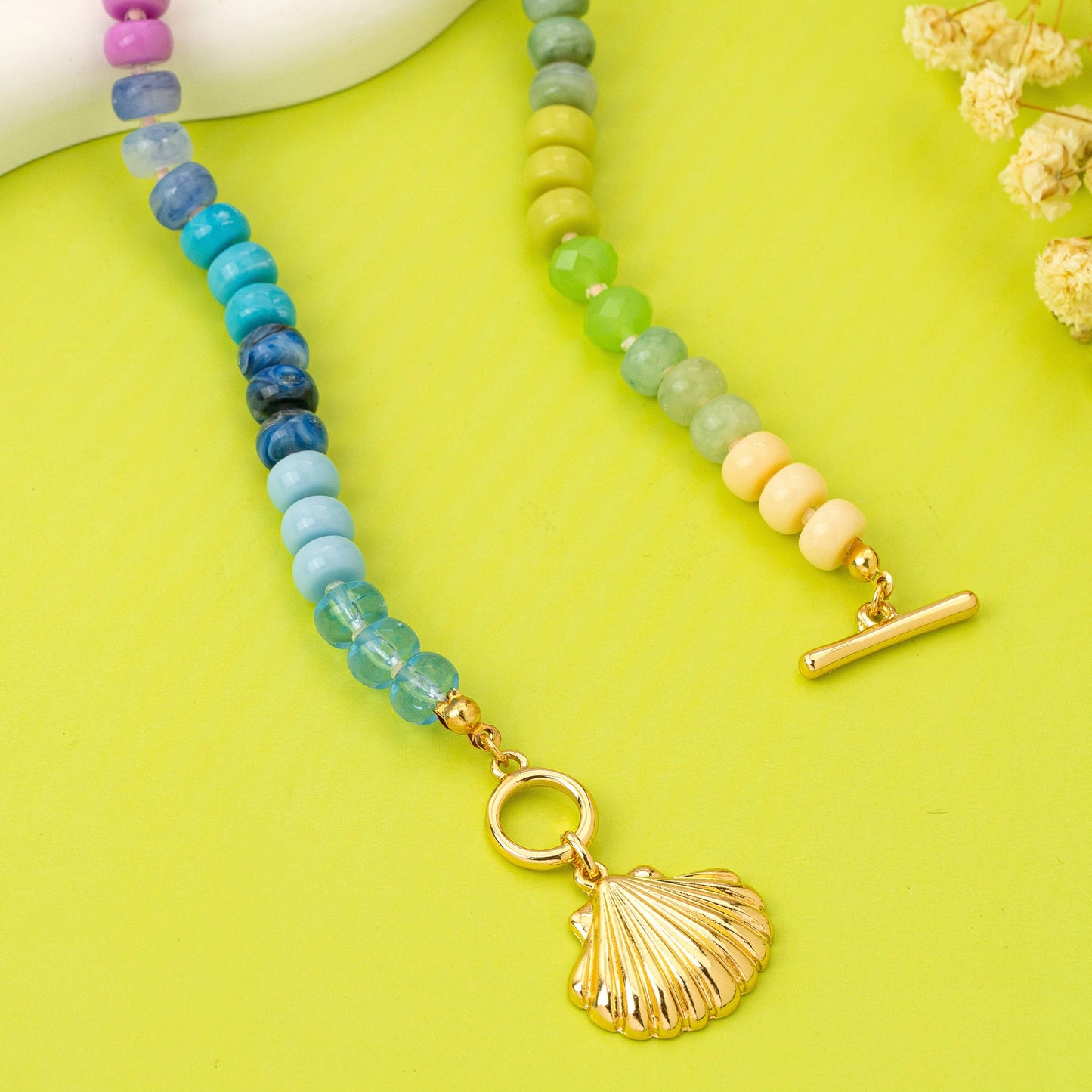 Rainbow Beaded Seashell Charm Necklace