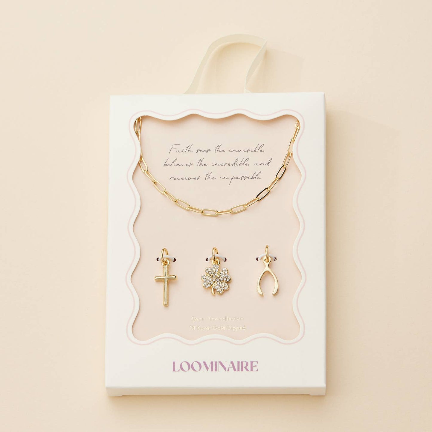 Gold Dipped Charm Necklace with Cross, Clover, and Wishbone