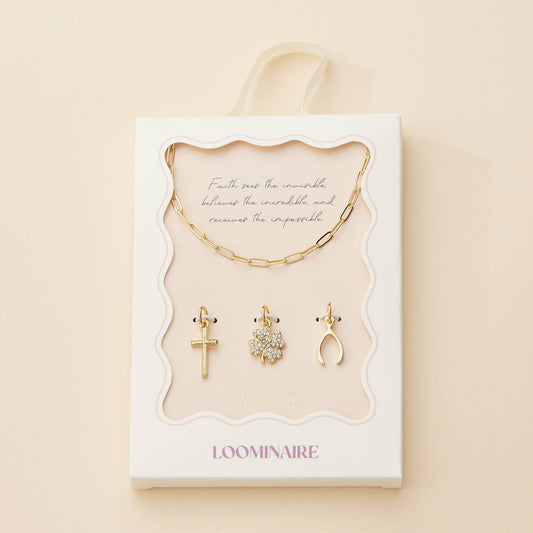 Gold Dipped Charm Necklace with Cross, Clover, and Wishbone