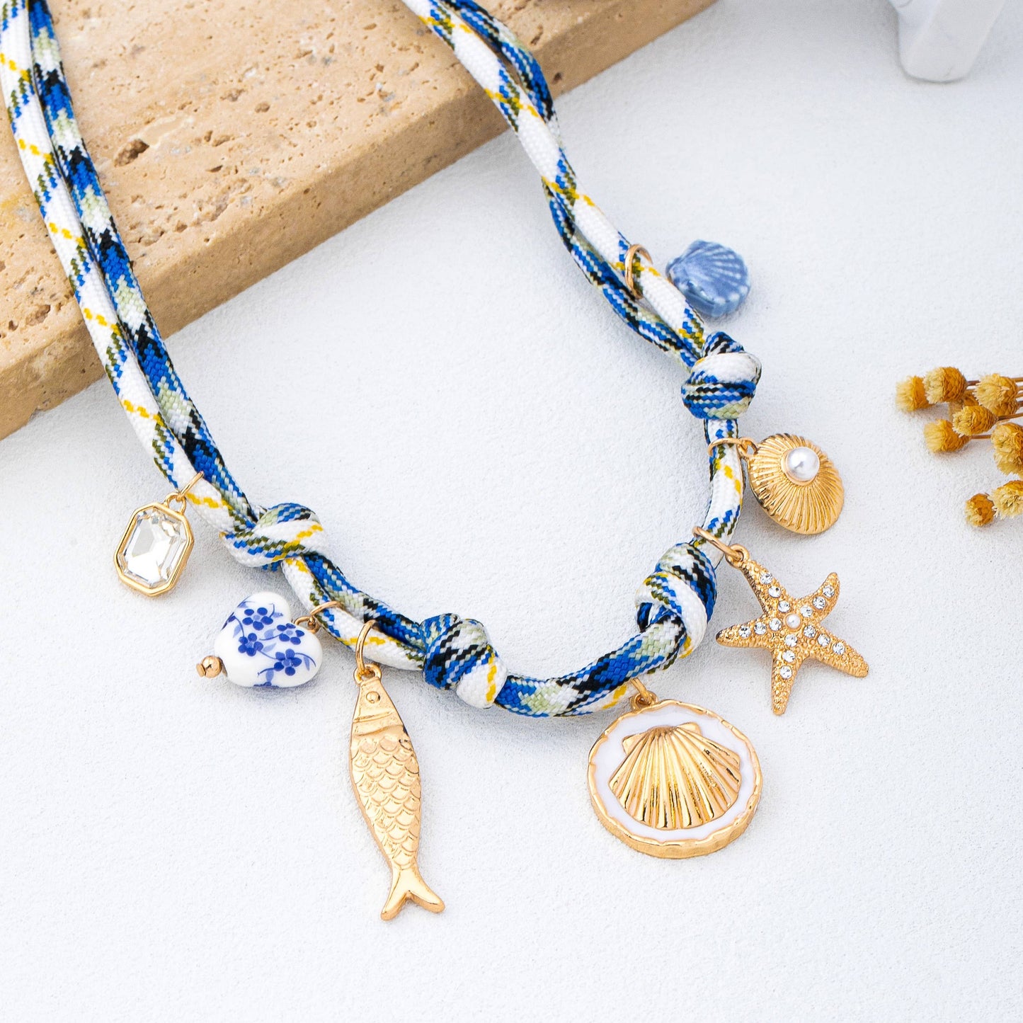 ROPE CHARM NECKLACE-STARFISH SEASHELL CLOISONNE