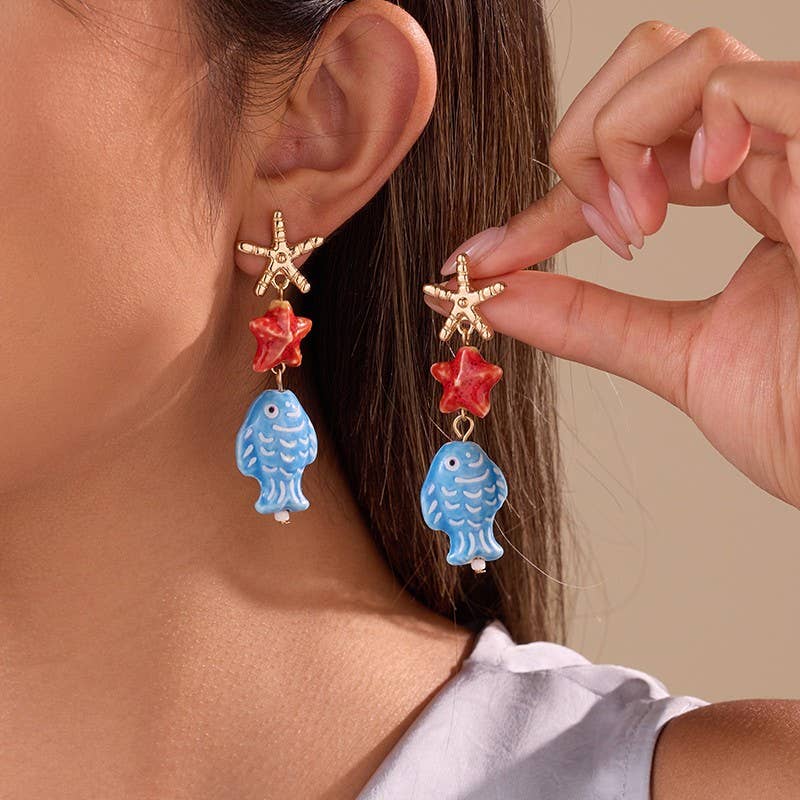 Under the Sea Ceramic Fish & Starfish Drop Earrings