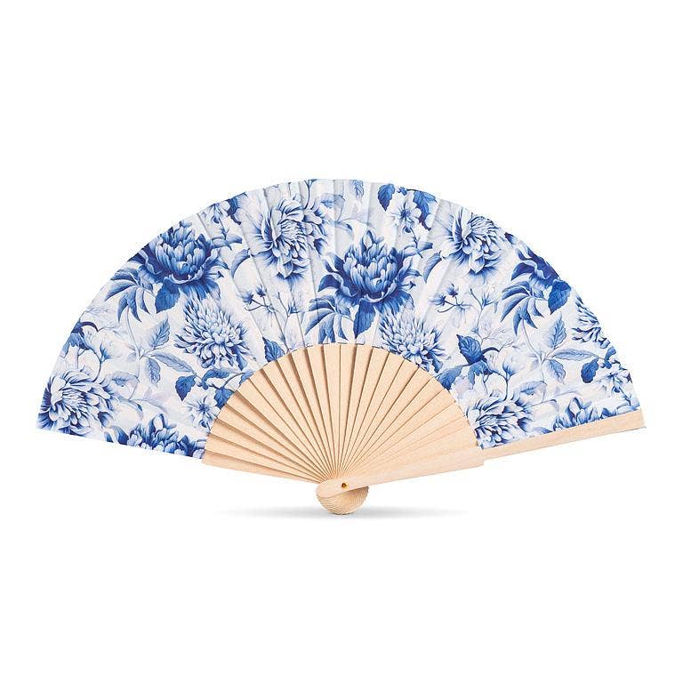 Chintz Print Hand Fan-Blue & White-16"W
