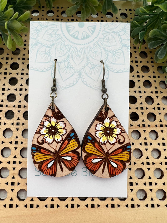 Butterfly hand painted lightweight  maple wood earrings  