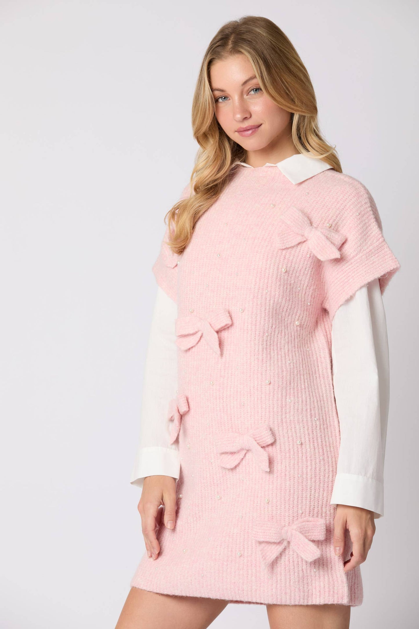 Bow & Pearl Embellished Detail Sweater Dress