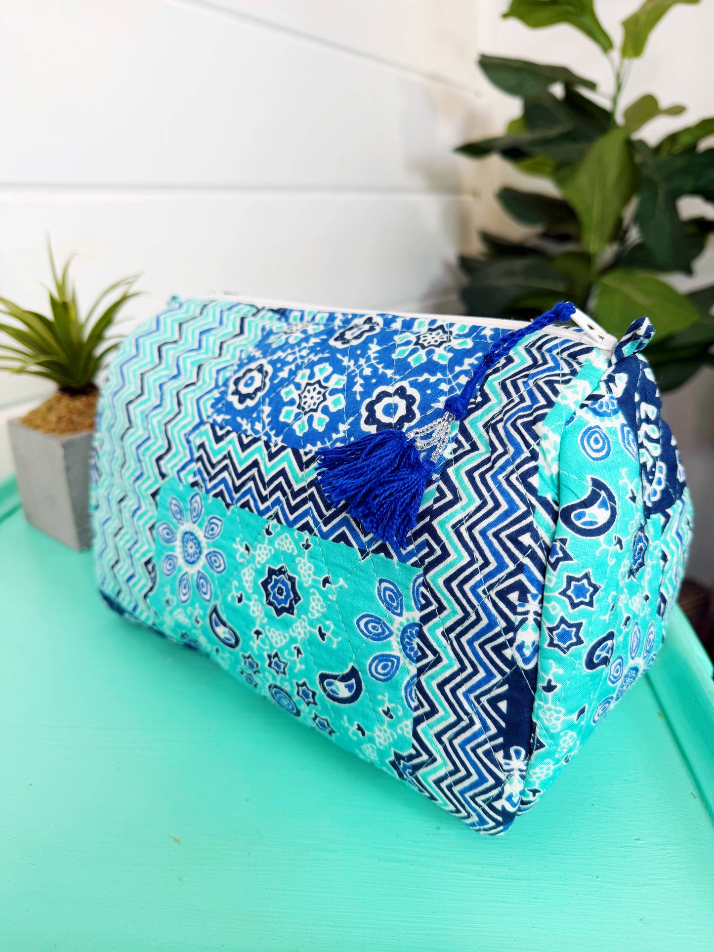 Blue Patchwork Makeup Bag