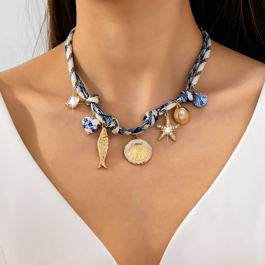 ROPE CHARM NECKLACE-STARFISH SEASHELL CLOISONNE