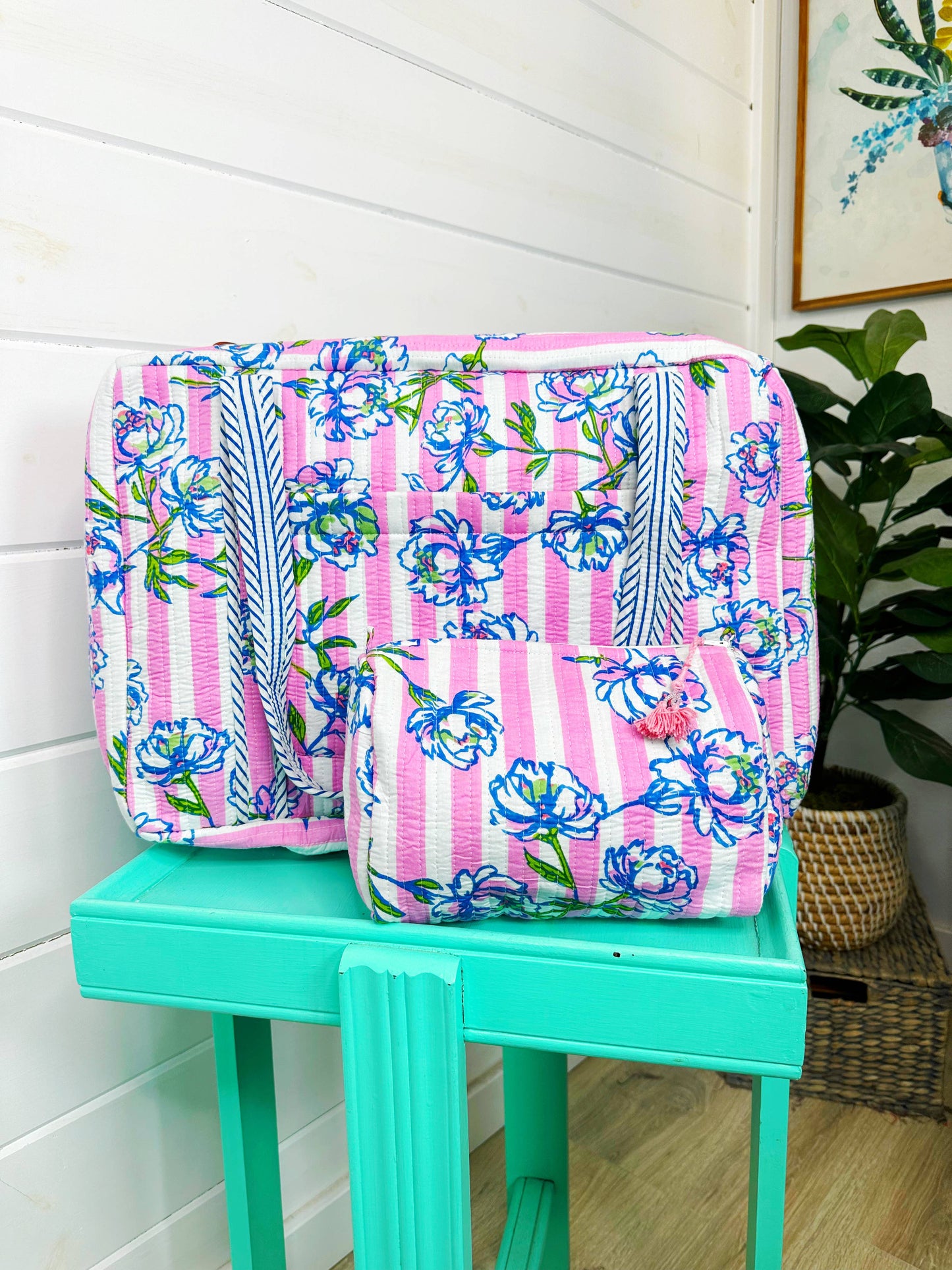 Peony Pink Stripe Quilted Cosmetic Bag