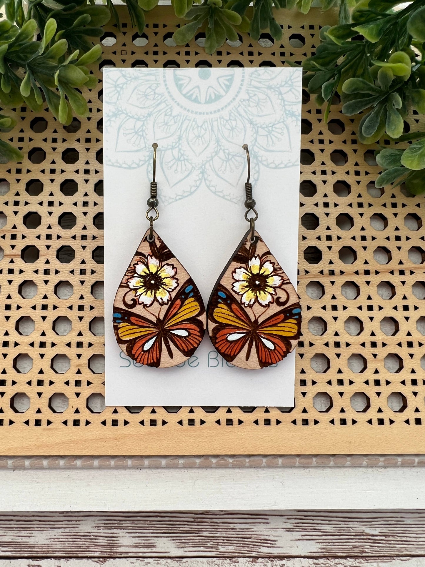 Butterfly hand painted lightweight  maple wood earrings  