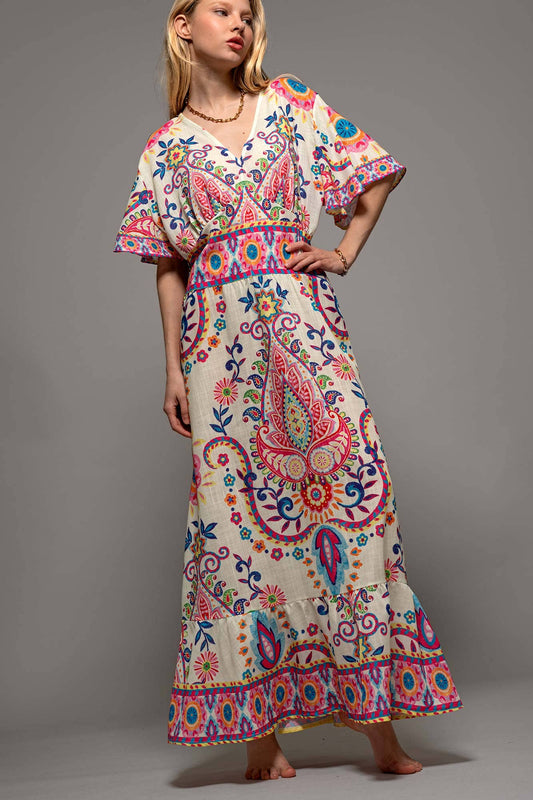 Oversized Paisley Flutter Sleeve Smocked Dress
