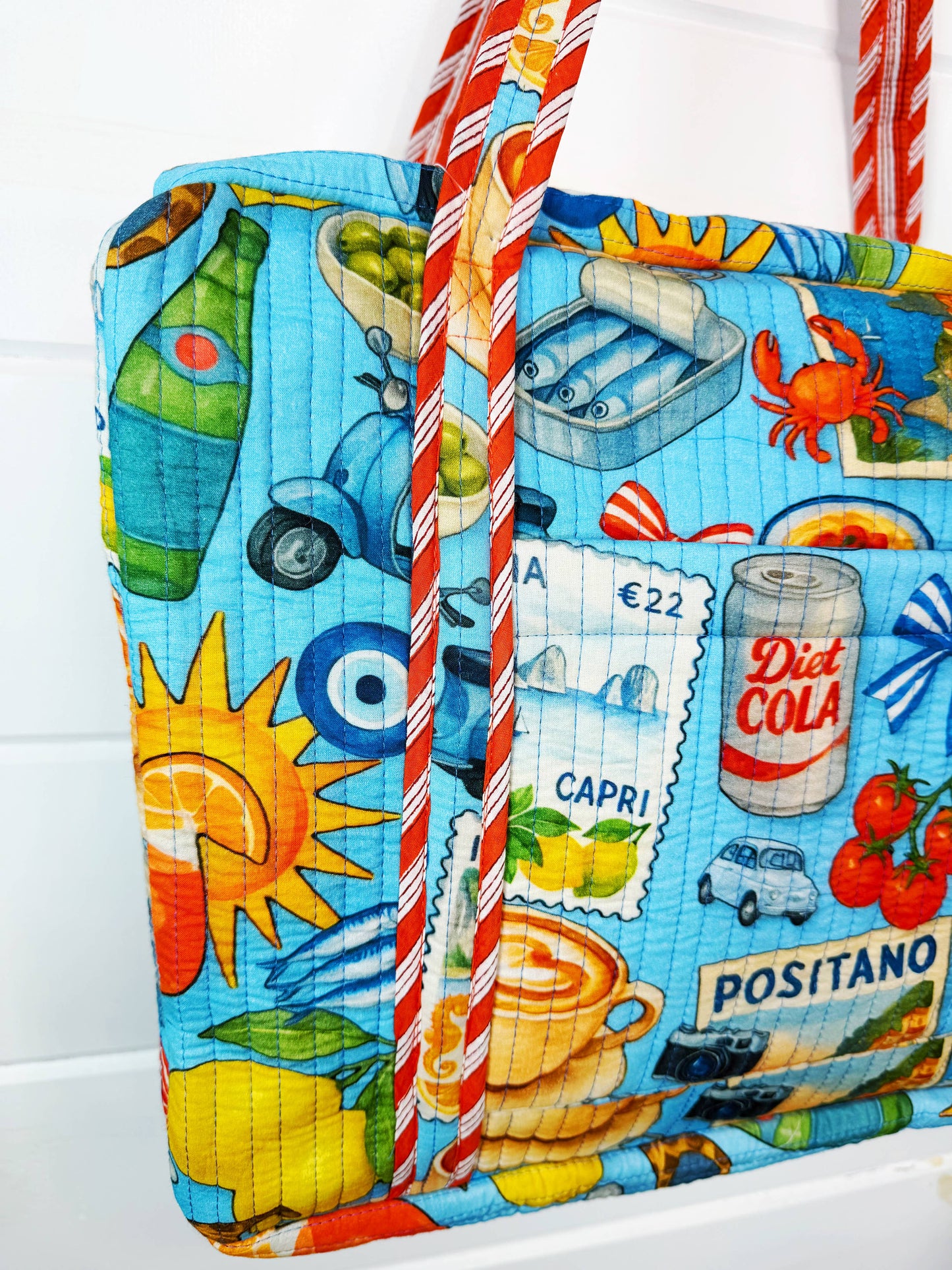 Blue Italian Getaway Handmade Quilted Weekender Duffle Bag