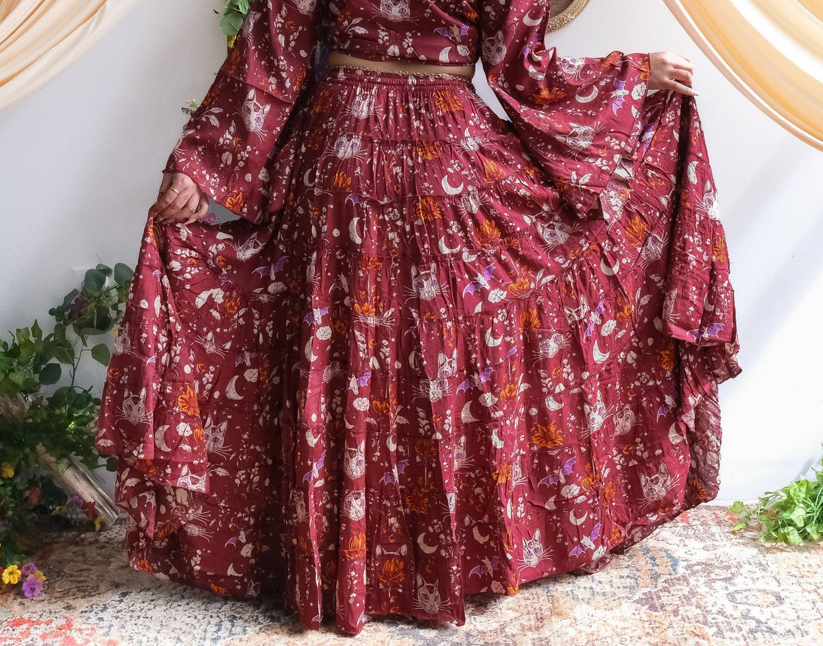 Witchy Whimisical  Flowy Cat Print Skirt with Pockets