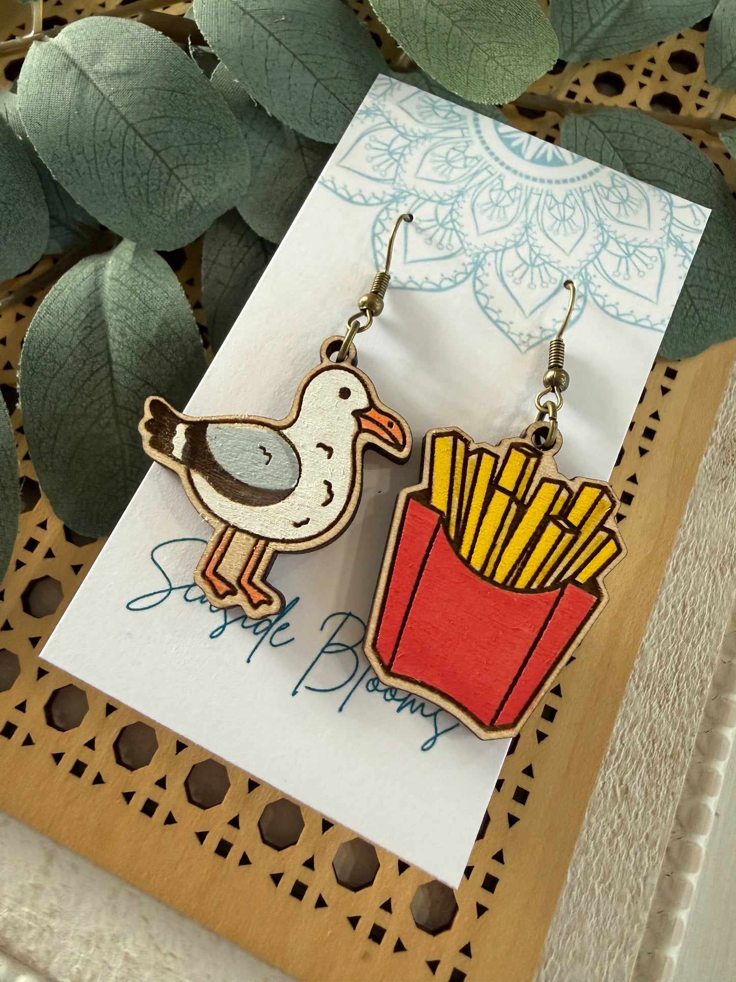 Boho beach  Hand painted lightweight maple wood earring 