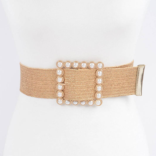 Wide Pearl Buckle Elastic Belt