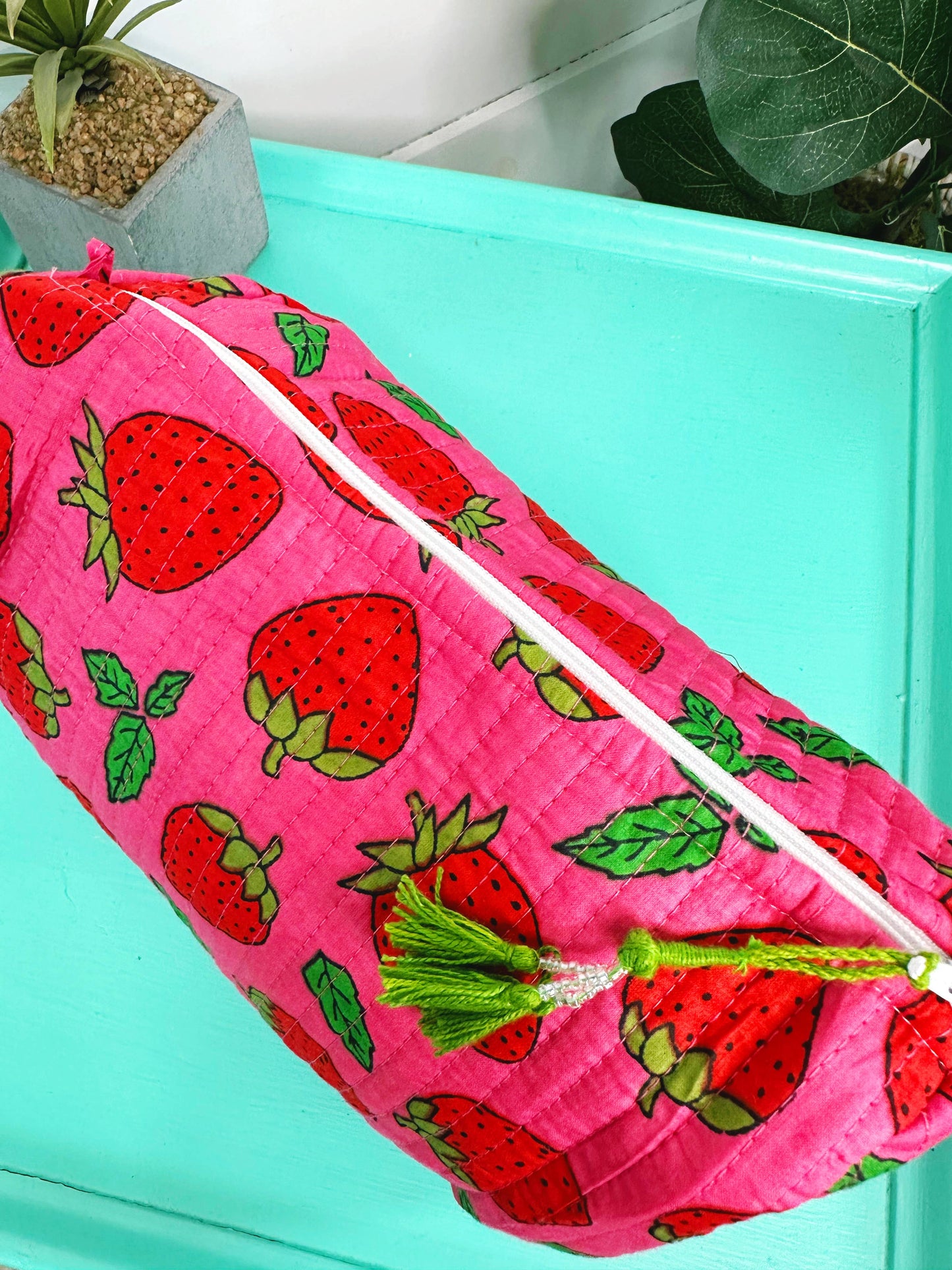 Strawberry Quilted Cosmetic Bag