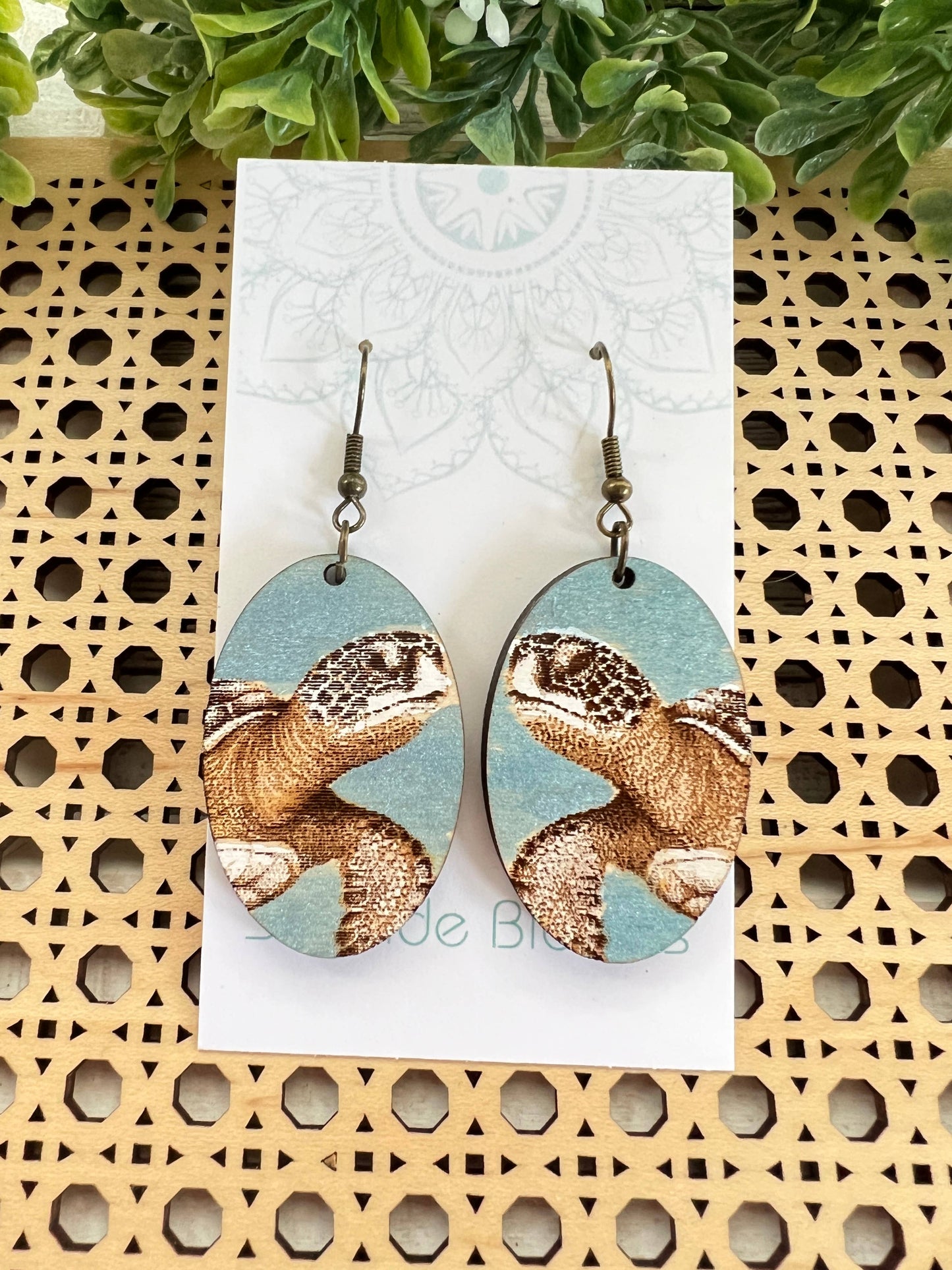 Turtle hand painted lightweight  maple wood earrings   