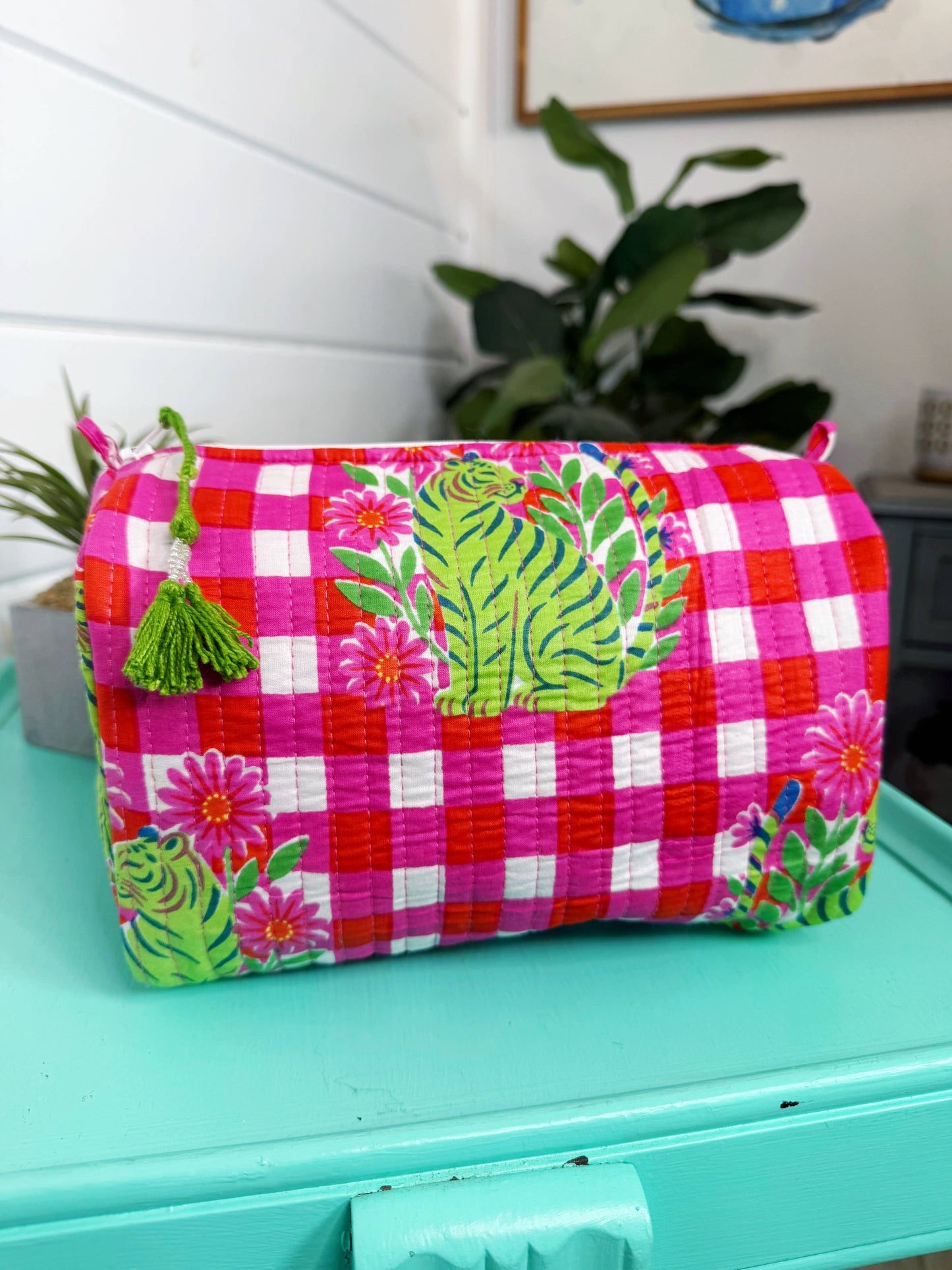 Pink Checkered Tiger Makeup Bag
